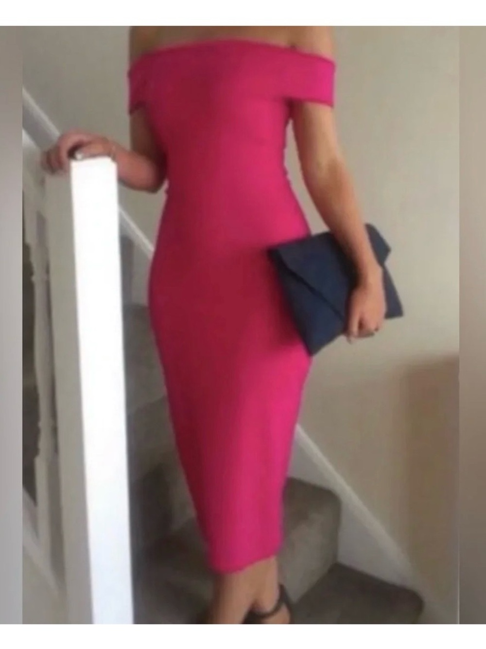 Zara Off-Shoulder Hot Pink Bodycon Midi Dress